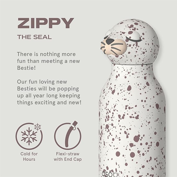 asobu Bestie Bottle Insulated Stainless Steel Water Bottle with Detachable Soft Animal Head Fun Drinking For Kids and Teens with Flexible Reusable Straw 16 Ounce (Seal White)