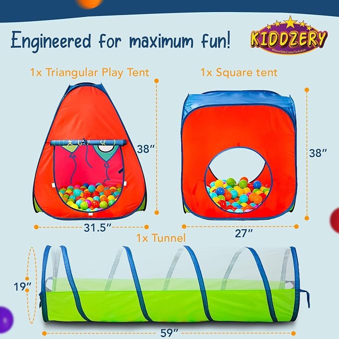 Kids Play Tent with 50 Balls – 3-Piece Tunnel & Ball Pit Combo – Indoor/Outdoor Pop-Up Set with Mesh Panels & Carry Bag