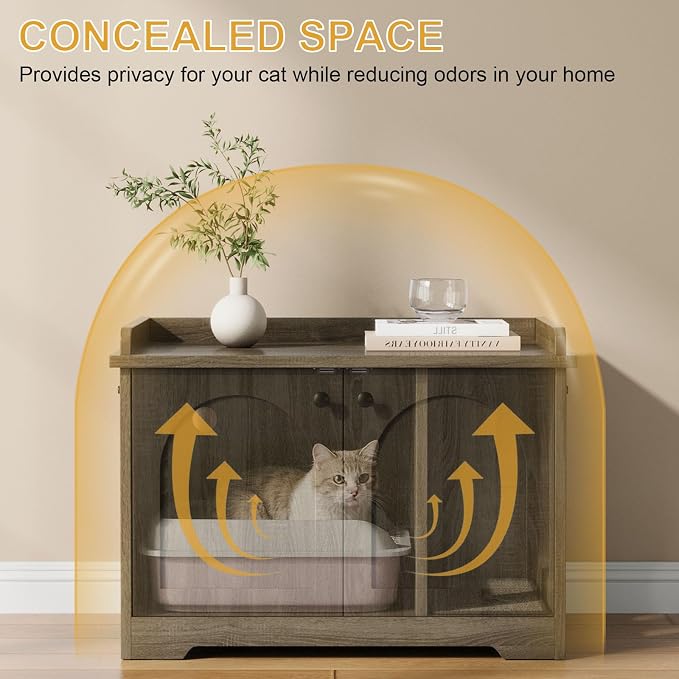 Cat Litter Box Enclosure, Hidden Litter Box Furniture with 2 Door, Pet House Fit Most of Litter Box, Dark Oak Gray