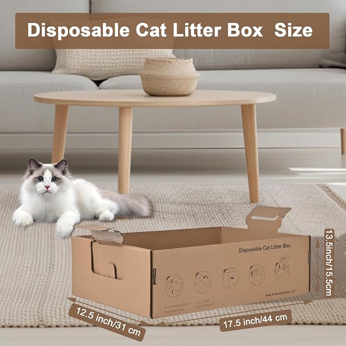 6 Pack Disposable Litter Boxes for Cats, 17.4" x 12.3" x5.4" Large Cardboard Cat Litter Box, Extra Thick Portable Travel Litter Box for Cats, Foldable, Waterproof, Leak Resistant (Large, Count, 6)