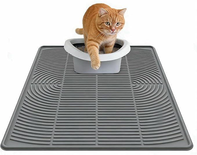 SORKUT Cat Litter Mat for Litter Box, 40x28 Inch Extra Large Silicone Litter Trapping Mat, Waterproof & Non-Slip Floor Protector, Soft on Kitty Paws, Easy to Clean & Durable, Gray