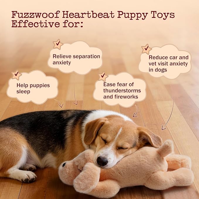 Fuzzwoof Remote Controlled Heartbeat Dog Toy, 8-Sounds & Heartbeat Simulation Plush Toy for Puppy Sleep Aid & Anxiety Relief, Crate Training, Rechargeable Calming Companion