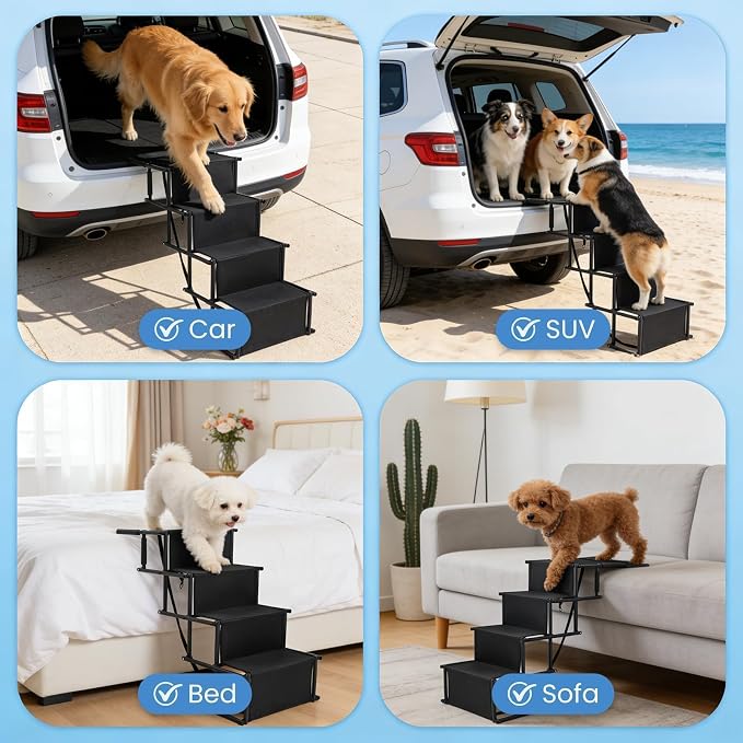 Extra Wide 4 Steps Dog Vehicle Ramps | Portable Non-Slip Pet Stairs for Cars, Trucks & SUVs | Folding Dog Ladder for High Beds | Supports Up to 200 Lbs