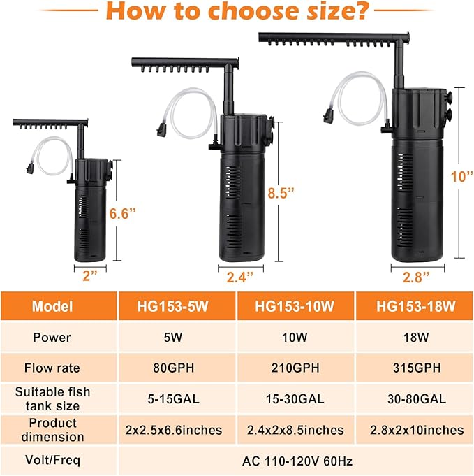 hygger Aquarium Internal Filter, Flow Rate Adjustable 4 in 1 Submersible Fish Tank Filter with Aeration System,Filtration/Oxygenation/Waveker/Circulation (for 5-15 Gallon Tank)