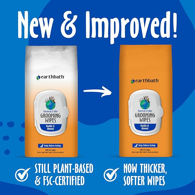 earthbath, Oatmeal & Aloe Grooming Wipes - Dog Wipes for Paws, Best Pet Wipes for Dogs & Cats, Helps Relieve Itchy & Dry Skin, Made in USA, Cruelty-Free - Vanilla & Almond 100 Count (1 Pack)