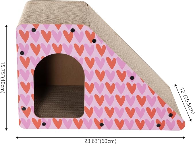 Kento 23.63" Modern Cardboard Cat Cave Scratcher with Catnip, Angled Trapezoid Hideaway House and Scratching Lounge for Indoor Cats, Heart Pattern CSR1008C