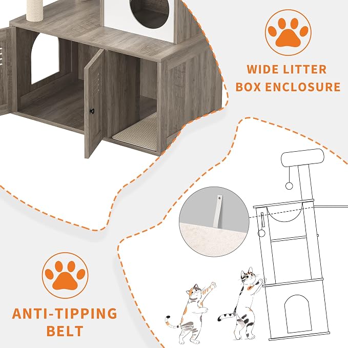 Modern Wooden Cat Tower with Hidden Litter Box Enclosure, Multi-Level Cat Condo, Scratching Posts, Cozy Hanging Basket & Toy, Durable Cat Tree Furniture for Indoor Cats, Smoke