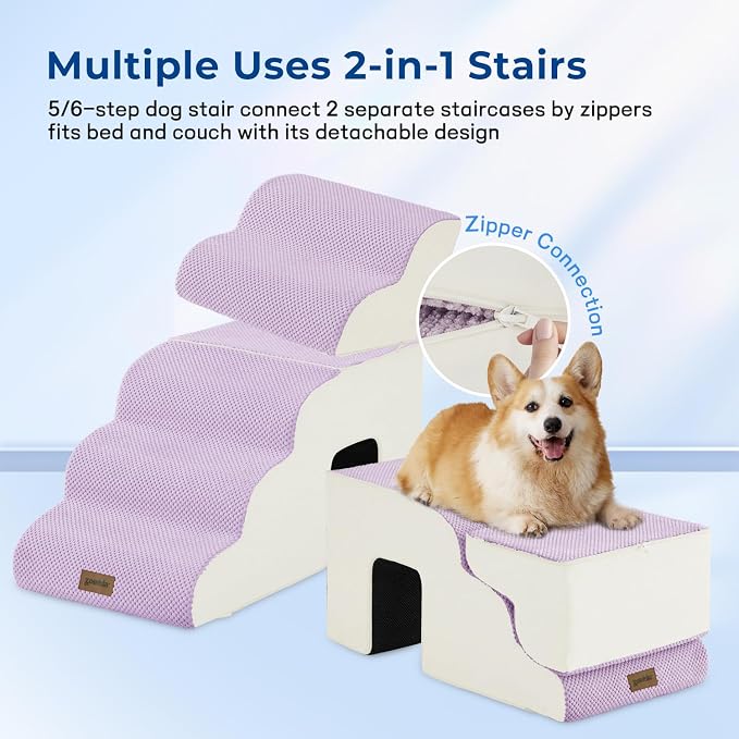 ZOMISIA Dog Steps for High Beds - 6 Step 29" H Pet Stairs with Tunnel 2 in 1 with Zippers Suitable for Large Dogs and Cats, Indoor Cat Ladders with Non-Slip Bottom, Beige