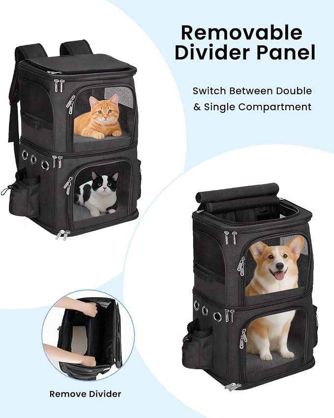 HOVONO Double-Compartment Pet Carrier Backpack for 2 Cats or Small Dogs, Dual Travel Dog Cat Carrier wih Breathable Mesh Windows, Fits Pets up to 20 lbs, Perfect for Traveling/Hiking/Camping, Black