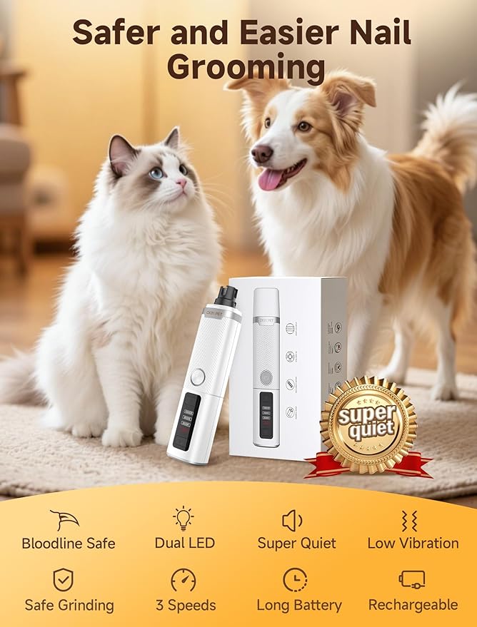 Dog Nail Grinder, Electric Dog Nail Trimmer Quiet with 2 LED Lights, 3-Speed Pet Nail Grinder for Dogs & Cats, Rechargeable 2000mAh Nail Grinder for Small Medium Large Dogs with Light, White