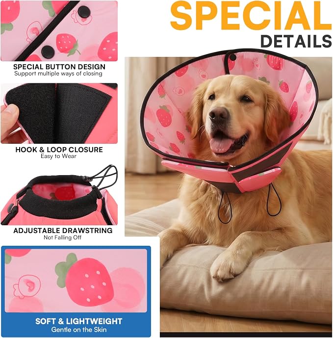 Queenmore Dog Cones for Large Dogs, Soft Dog Cone, Cone for Dogs to Stop Licking After Surgery, Adjustable Elizabethan Collar for Pet to Prevent Licking Wounds, Strawberry L