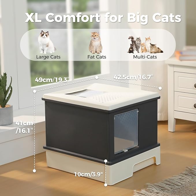 PEQULTI Large Cat Litter Box with Lid, 88L High Capacity Covered Kitty Litter Box, Anti-Leaking Raised Edge Guard, Pull-Out Drawer Design & Foldable Large Scoop, Front & Top Entry, Dark Grey