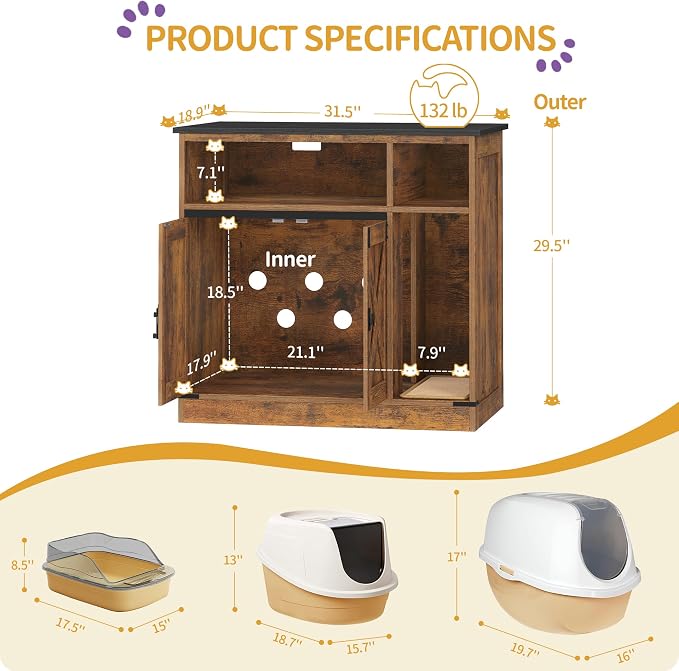 Hzuaneri Cat Litter Box Enclosure, Hidden Litter Box Furniture with Storage, Wooden Cat Cabinet with Scratch Pad, Farmhouse Cat Washroom, TV Stand End Table, Rustic Brown CB87501X