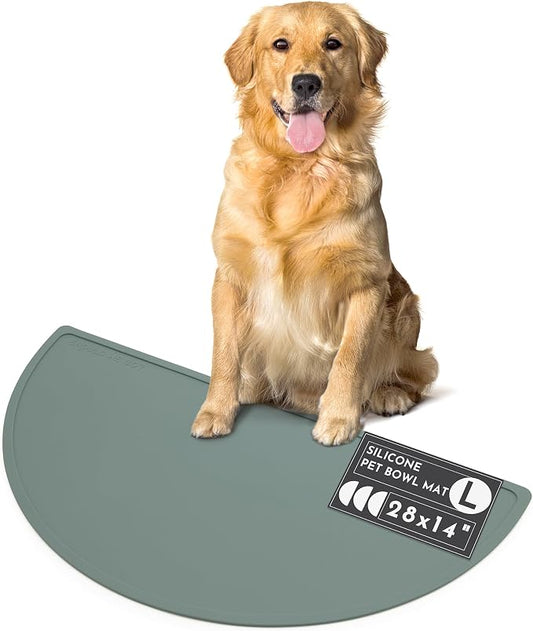 Should We Go? Waterproof Silicone Dog Food Mat – Large Size Non-Slip Pet Bowl Mat, Raised Edge Design, Easy-to-Clean Pet Food Placemat for Dog & Cat Bowls, 28" Across x 14" Deep - Spruce