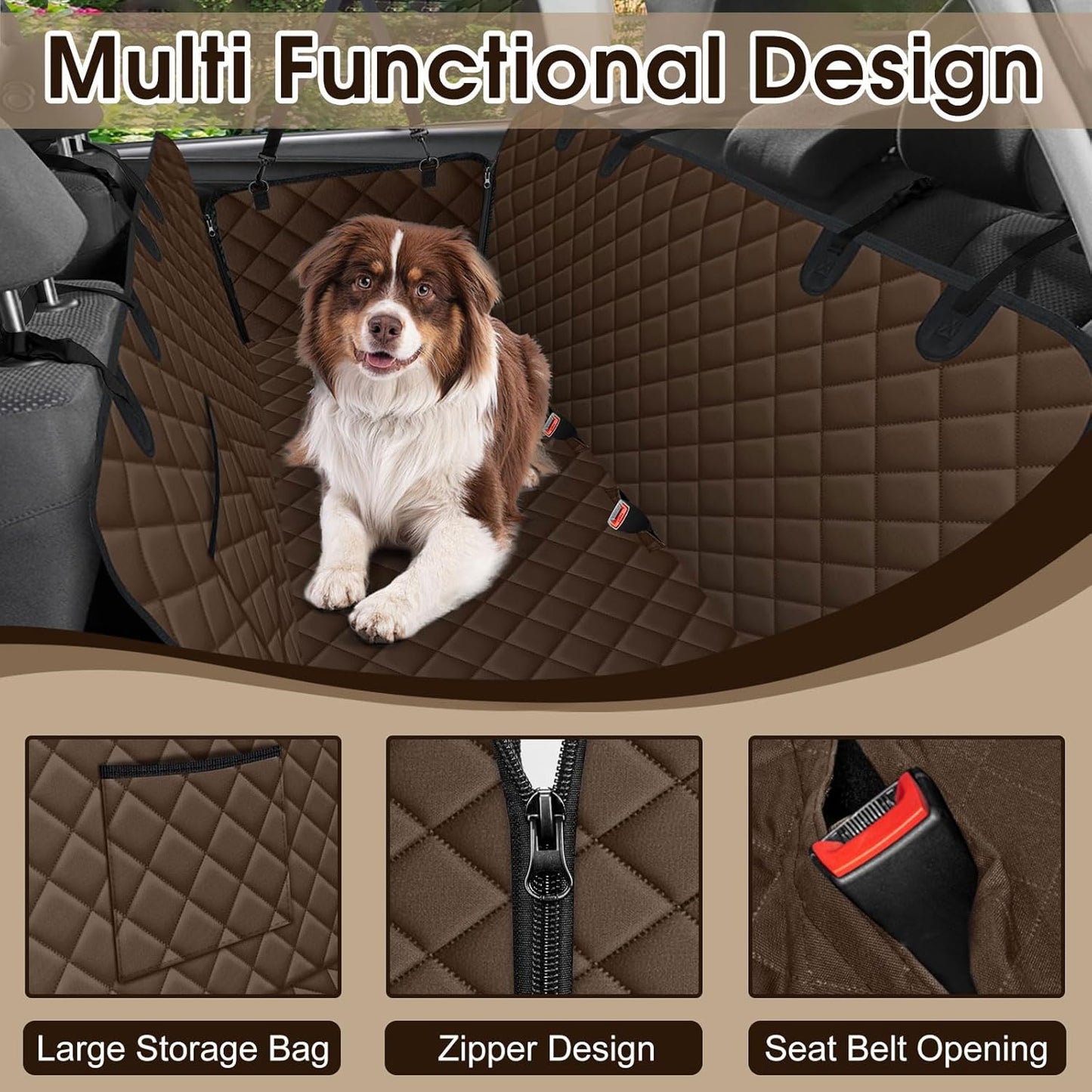 Waterproof Dog Car Seat Cover for Back Seat - Durable, Scratch Proof Pet Hammock with Nonslip Design & Storage Pockets, Fits Cars, SUVs, Trucks - L, Coffee/Black