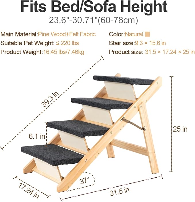 MEWANG Wood Pet Stairs & Ramp for Small/Medium Dogs & Cats, Aging Pets – 2-in-1 Foldable, Portable, Non-Slip Pet Ladder for Tall Beds, Couches, Cars – Holds Up to 220 lbs (31.5" L x 17.2" W x 25.0" H)