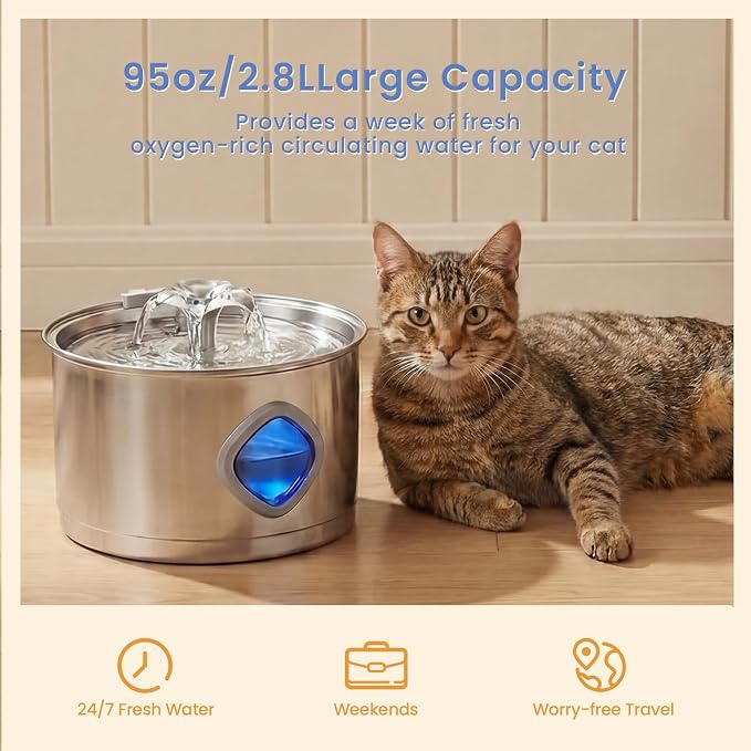Stainless Steel Cat Water Fountain, 95oz/2.8L Automatic Cat Water Dispenser with 3 Replacement Filters, Pet Fountain for Cats Dogs Indoor, Water Level Window, Quiet Water Pump