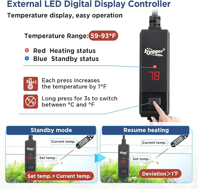 hygger Betta Aquarium Heater,25W/50W/100W/150W Removable Shell Submersible Fish Tank Heater with LED Digital Display,25W Suitable for 1-5 Gallon Freshwater and Saltwater Fish Tank