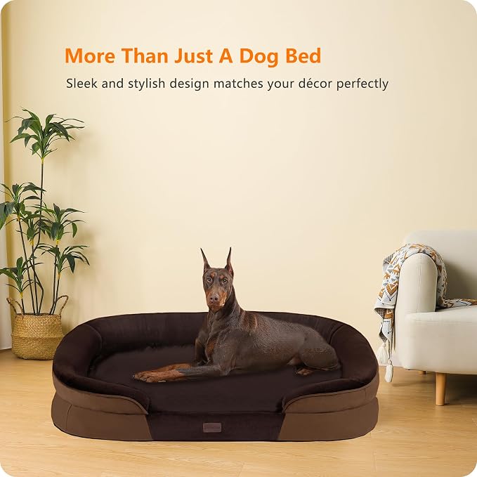 Dwanton Orthopedic Dog Bed for Extra Extra Large Dogs with Gel Memory Foam, Waterproof Dog Sofa, Washable Pet Bed with Four Sided Bolster Cushion, Removable Cover & Non-Slip Bottom, 48", Brown