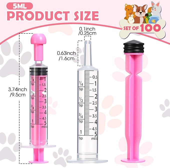 TrelaCo 100 Pack 5ml Syringes with Caps, Colored Plastic Measuring Syringe for Liquid, Pet Feeding, DIY, Party, Craft, Individually Sealed and Wrapped(Pink)