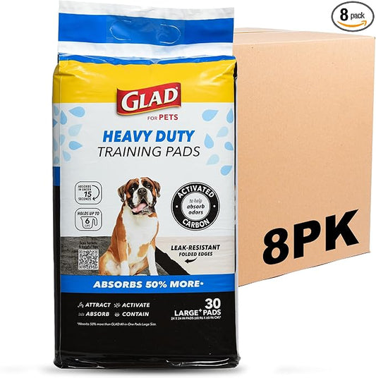 Glad for Pets XL Charcoal Training Pads, Activated Carbon Odor Control with Heavy Duty Leak-Resistant Layers, Quick-Dry Quilted Top Surface, Indoor Potty and Crate Liner, 24 x 24 in, 30 Count - 8 Pack