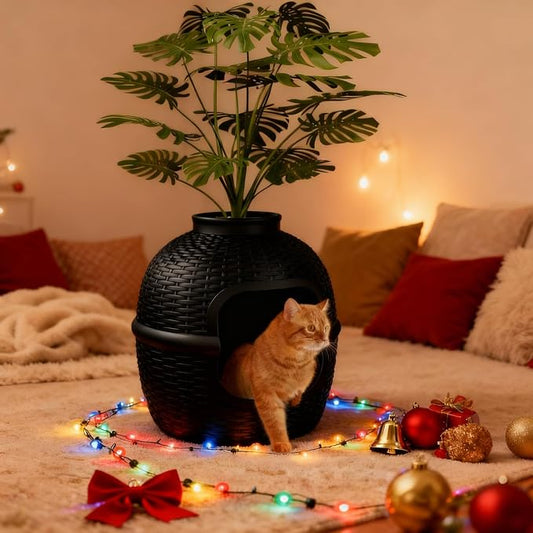 Wisteria Lane Cat Litter Box, Hidden Enclosure with Faux Plant & Rattan Pattern, Cat Bed & Litter Box 2-in-1, Heavy Duty PP Litter Box Enclosure for Living Room, Bedroom, Corner, Laundry Room, Black