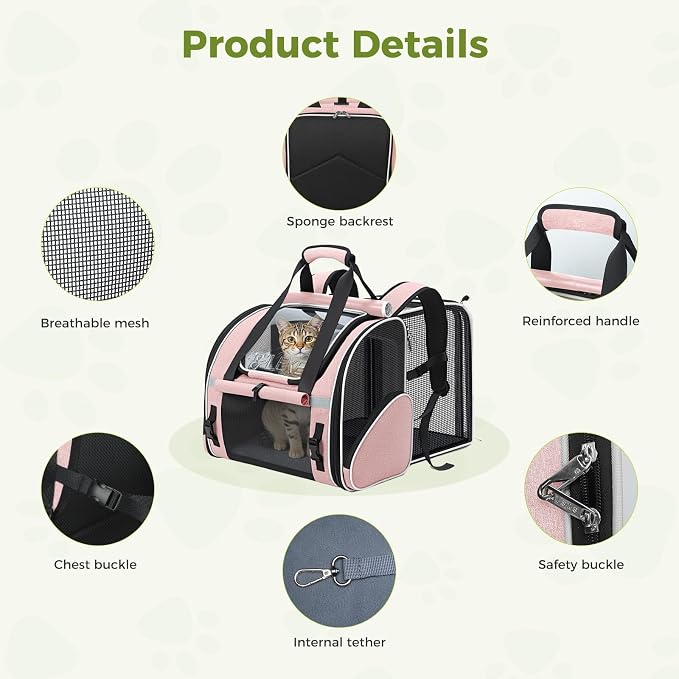 Lekereise Widened Pet Backpack Travel, Wide Pet Carrier Backpack for Cats and Small Dogs up to 18 lbs, Breathable Mesh Backpack Carrier with Sun Shade, Leash, Hand Carry for Travel Vet Car, Pink