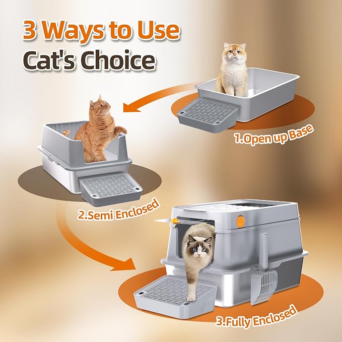 Mlzao 20L Stainless Steel Cat Litter Box with Lid, XL Enclosed Metal Litter Box with Hinged Flip-Top, Leakproof High Sides for Odor Control, Top/Front Dual Entry for Large Cats 24" × 15" × 16" - Grey