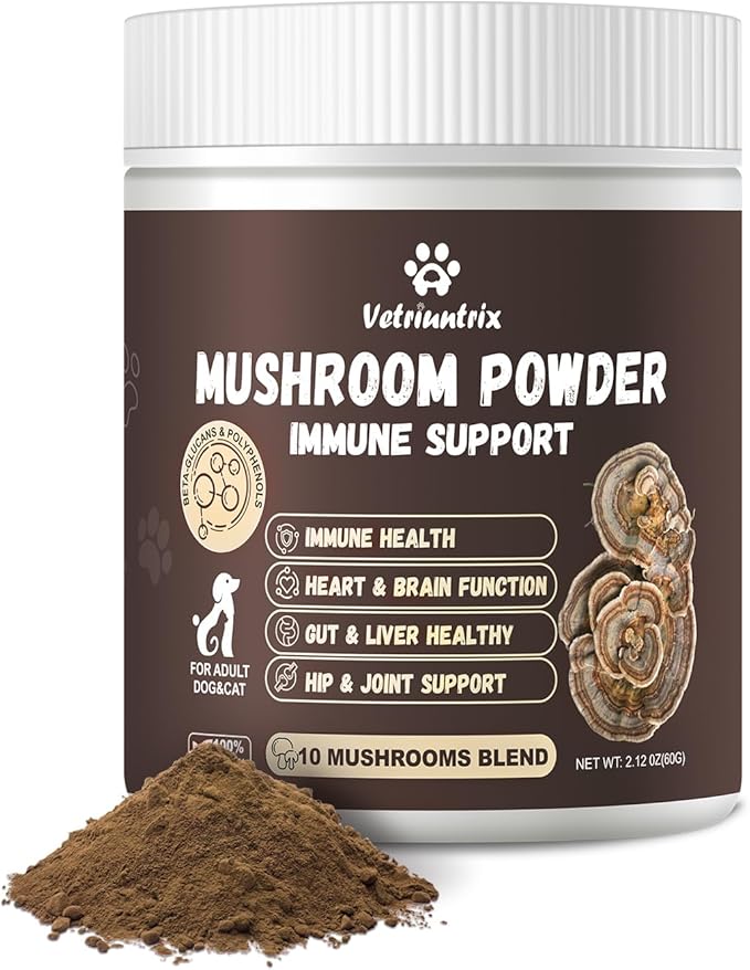 Turkey Tail Mushroom Powder for Dogs, Organic 10 Mushroom Blend for Lipoma Lumps and Bumps, Dog & Cat Herbal Supplements Probiotic with 50% β-Glucan, Joint Gut Immune Skin Support - 60g