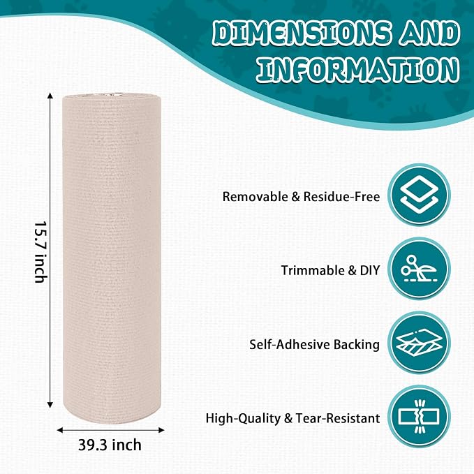 Climbing Cat Scratcher Mat Trimmable Cat Scratching Post Carpet 39.3’’x15.8’’ Self Adhesive Carpet Mat Pad Replacement for Cat Tree Shelves Post Couch Wall Furniture Steps DIY Protector (Cream White)