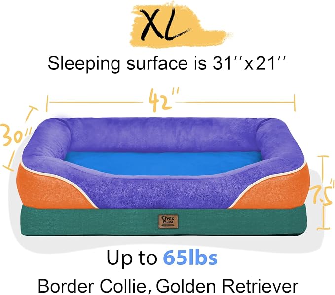 Chez Paw Large Orthopedic Dog Bed for Extra Large Dogs, Waterproof XL Egg-Crate Foam Dog Bed with Removable Washable Cover & Non-Slip Bottom, 4-Sided Bolster Support, Navy Orange 42"x30"x7.5"