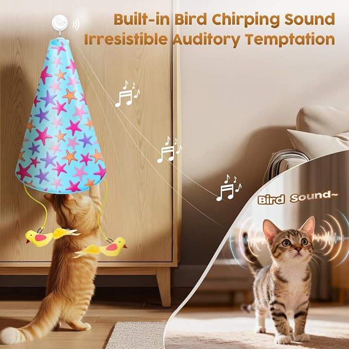 Interactive Cat Toy for Indoor Cats: 2 in1 Automatic Hide and Seek Moving Concealed Flying Bird Wand Feather with Chirping Bird Squeaky, Hanging Rechargeable Exercise Cat Toy for Kittens and Adult Cat