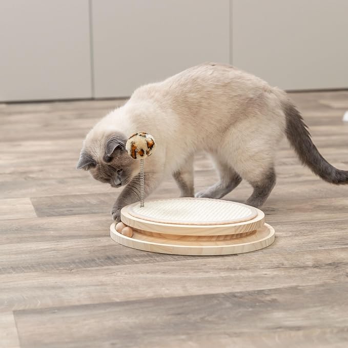 Trixie Cat Scratching Pad with Track Balls & Spring Toy | 3-in-1 Interactive Wooden Scratcher, Sisal Pad, Ball Track with Bell, Mental Stimulation & Exercise for Indoor Cats