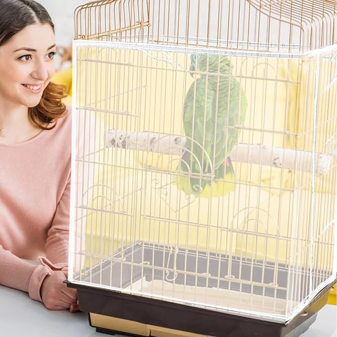 Daoeny 2PCS Bird Cage Seed Catcher, Large Bird Cage Cover, Adjustable Soft Airy Nylon Mesh, Birdcage Cover Skirt Seed Guard for Parrot Parakeet Macaw Round Square Cages (White & White)