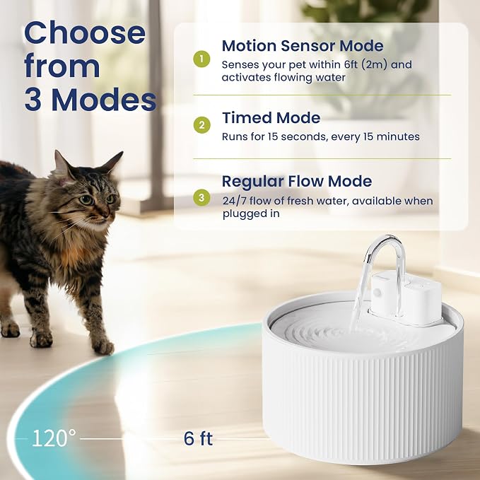 PawsPik CeramiFlow Cat Water Fountain, Ceramic Automatic Cat Fountain with Motion Sensor, Cordless Rechargeable Pet Fountain, 9 Cup Indoor Cat Fountain, Multi-Layer Filtration, Dishwasher Safe, White