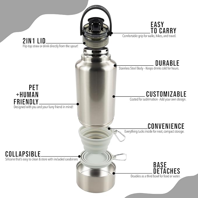 Hogg Hydro Hound, Sublimation Dog Water Bottle Bowl, Insulated Dog Water Bottle, 32 oz Insulated Stainless Steel Tumbler for Pets, Sublimation Pet Bowls - Clear (Silver)