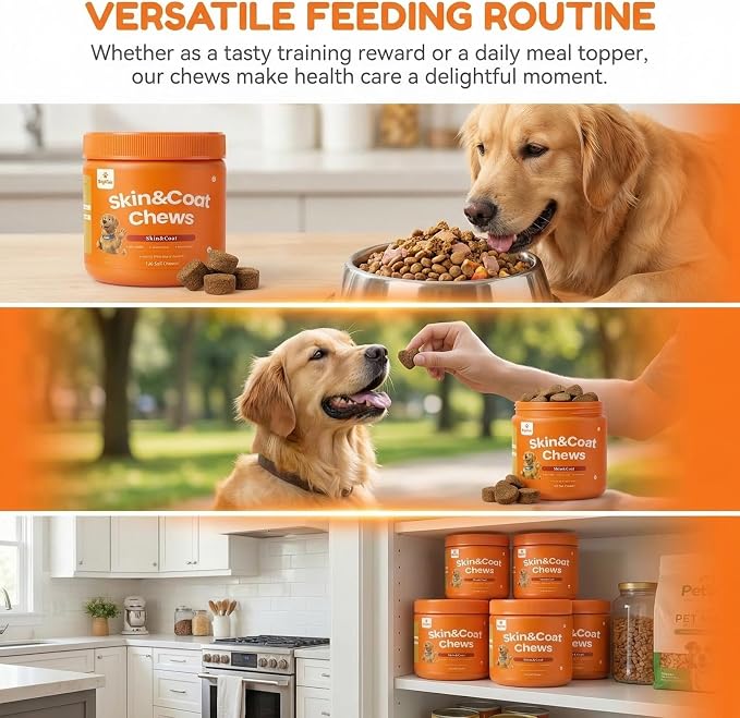 Omega 3 Fish Oil Skin & Coat Supplement for Dogs - 120 Chicken Flavor Chews | EPA & DHA - Relieves Itchy Skin, Reduces Shedding, Supports Hip & Joint, Immune Health