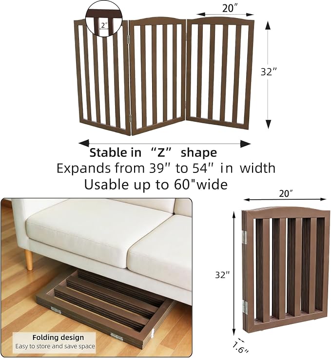 Freestanding Dog Gate Indoor,Doggie Gate Foldable Pet Gates for Doorways,Stairs or Hallways, Wooden Brown Pet Gate for the House, Pet Fence,32 "Height-3 Panels