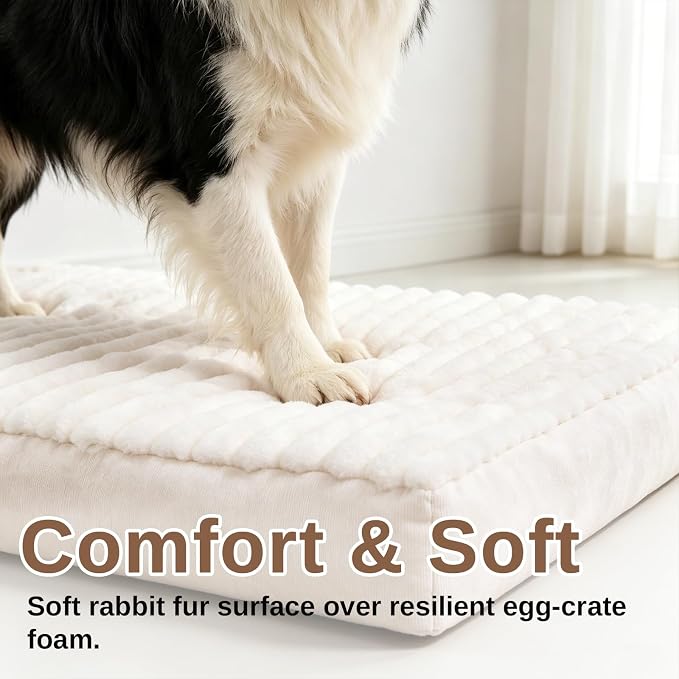 Orthopedic Dog Bed for Large Sized Dog, High-Density Egg Crate Foam, Plush Faux Rabbit Fur and Washable Removable Cover, Crate Bed with Non-Slip Base for Pets Up to 50 lbs, 35 x 22 x 3 Inch, Beige