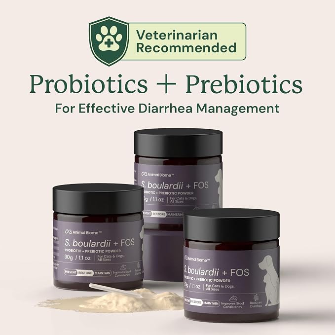 Animal Biome S. Boulardii + FOS Powder Probiotics for Dogs & Cats 60g (100 Scoops), Saccharomyces Boulardii Dog Probiotic + Prebiotic for Gut Health, Loose Stool, Sensitive Stomach Microbiome Support