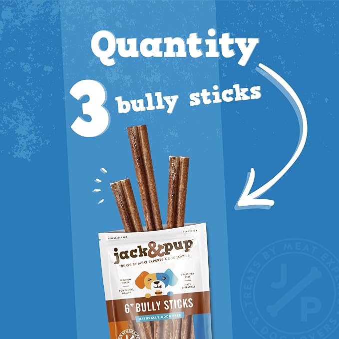 Jack&Pup 6 Inch Bully Sticks for Dogs (3 Pack) Extra Thick Dog Chews Long Lasting, Single Ingredient, 100% Beef Bully Sticks for Large Dogs and Medium Dogs