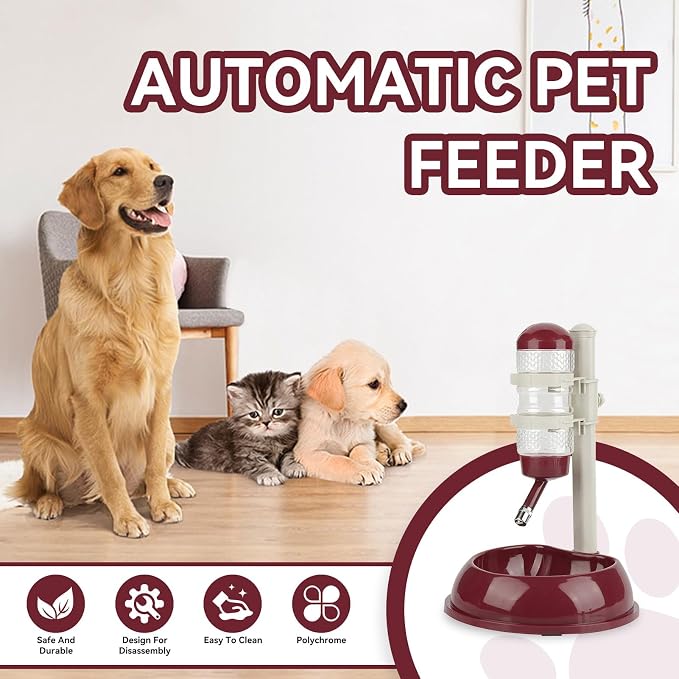 Adjustable No Drip Pet Water Dispenser, Portable Dog & Cat Water Bottle Stand with 500ml Bottle Food Bowl Leak Proof Stainless Steel Ball Dispenser for Travel Camping Indoor Use (Brown)