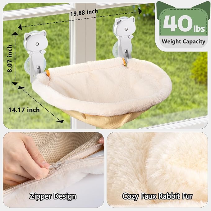 JUNSPOW Cat Window Perch Cordless, Foldable & Stable Cat Beds- Breathable Cat Window Hammock for Overlooking, Sunbathing and Climbing - Maximum Hold Up to 40lb