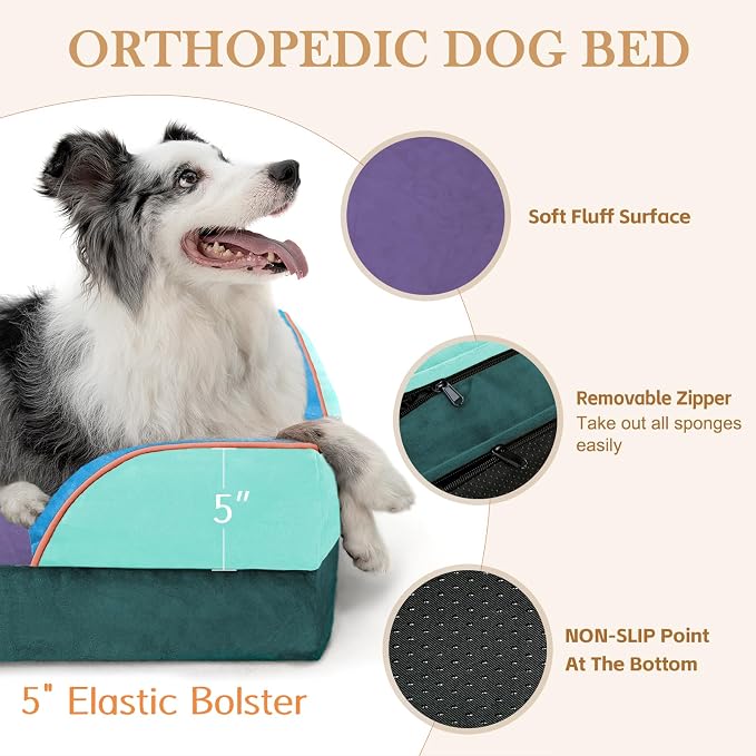 Comfort Expression Orthopedic Dog Bed for Extra Large Dogs 45x35 Inch, Waterproof Egg Crate Foam XL Pet Bed with Bolsters, Dog Couch with Washable Cover & Non-Slip Bottom, Violet Tide