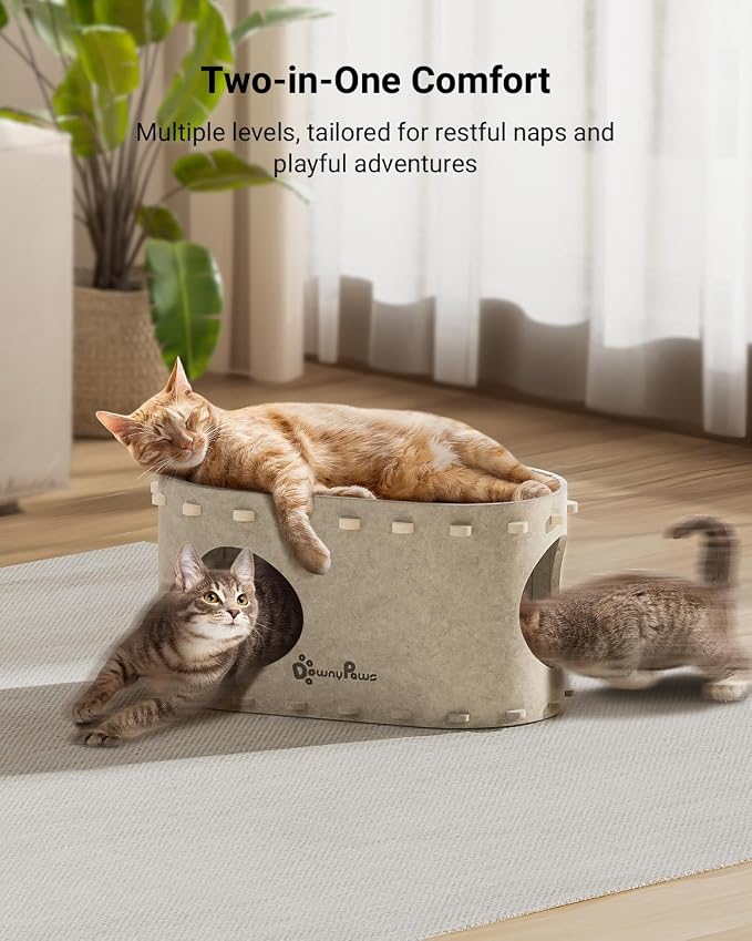 DownyPaws Cat House for Indoor Cats, Cat Bed Cave for Multiple & Large Cats Up to 22 Lbs, Scratch Resistant Peekaboo Cat Caves, Foldable Cat Tunnel Enclosed Bed, PeekaPurr, Cream and Sesame Gray