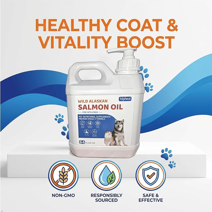 Wild-Caught Salmon Oil for Dogs & Cats - Omega 3 EPA DHA,Fish Oil Liquid Supplement for Skin & Coat Health (64 FLOZ Fish Oil)