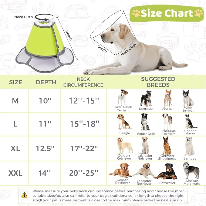 Soft Dog Cone Collar After Surgery Recovery,Adjustable E-Collar with Removable Shield,Lightweight,Breathable Anti-Licking Protective Cone for Large,Medium,Small Pets (Neon Green, L (Neck:15.5''-19''))