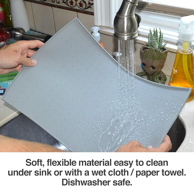 PetFusion Large WATERPROOF Pet Food Mat (24x16). FDA Grade Silicone [superior hygiene, non-toxic, multiple sizes] For dogs or cats, Gray