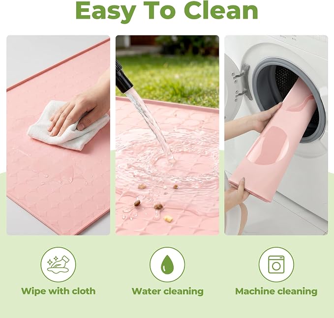Extra Large 34x22 Inch Machine Washable Silicone Pet Food Mat - Waterproof Dog & Cat Bowl Mat with Raised Edge, Non-Slip Floor Protector for Large Dogs, Multi-Pet Homes (Pink)