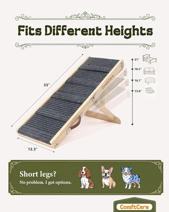 Adjustable Dog Ramp for Small Dogs, Foldable Pet Ramp for Bed & Couch, Non-Slip Indoor Ramp, Portable, Joint-Friendly Design, Supports up to 35 lbs